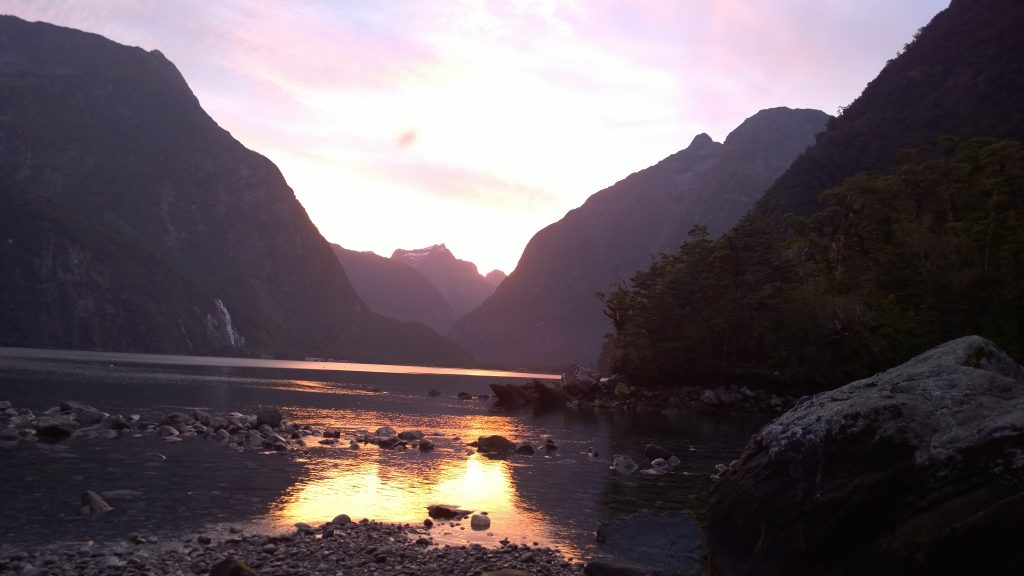 Watching the sun rise over Milford Sound.